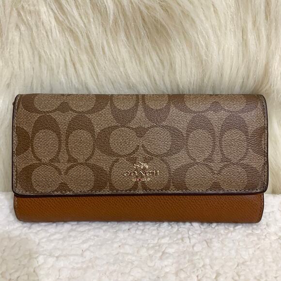 COACH Khaki/Acorn Coated Canvas Trifold Signature Wallet w/Lanyard F53763 - Picture 9 of 16